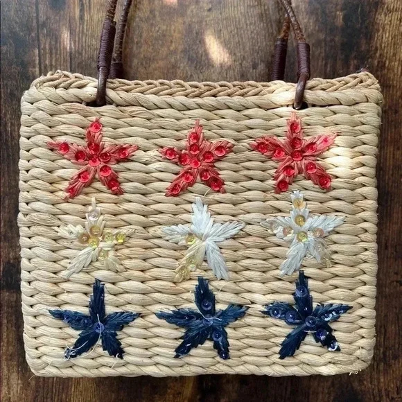 Sonoma patriotic straw bag, red, white & blue sequin embellished stars - Picture 1 of 13